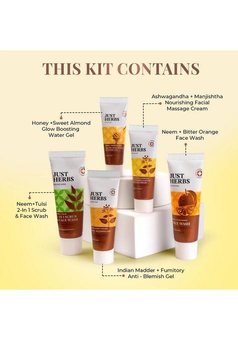 Just Herbs 7 Days Face Care Pack Skincare Essentials Combo With Facewash | Honey Facial Gel Exfoliating Herbal Massage Cream And Anti Blemish Perfect For Gifting Travel Kit Set Men