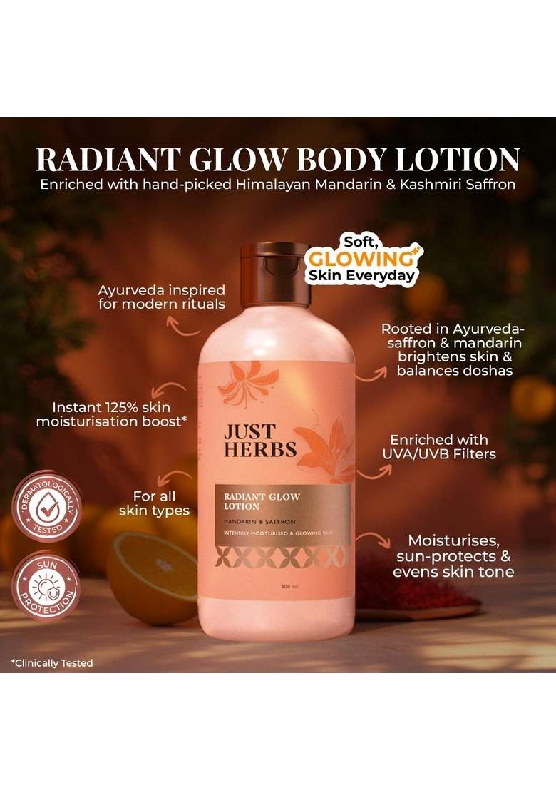 Just Herbs Radiant Glow Body Lotion With Uva/B Filters | For Intensely Moisturised & Glowing Skin Gives Sun Protection Mandarin, Saffron, Vitamin C, Niacinamide Clinically Tested - 300Ml - Indya