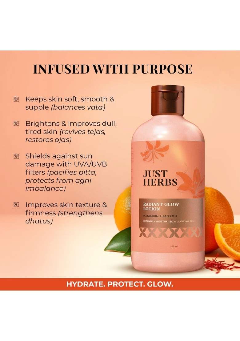 Just Herbs Radiant Glow Body Lotion With Uva/B Filters | For Intensely Moisturised & Glowing Skin Gives Sun Protection Mandarin, Saffron, Vitamin C, Niacinamide Clinically Tested - 300Ml - Indya