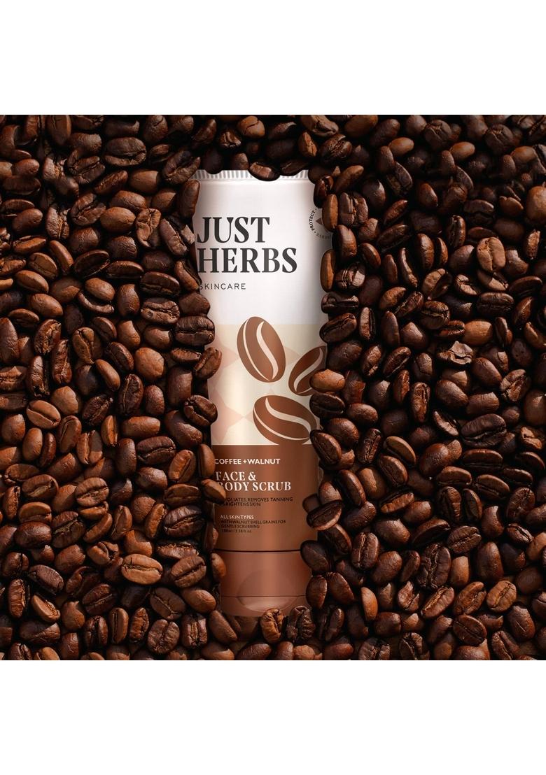 Just Herbs Coffee Body Scrub Walnut Exfoliating Detan Face & For Blackheads, Whiteheads, Removes Tanning Glowing Skin