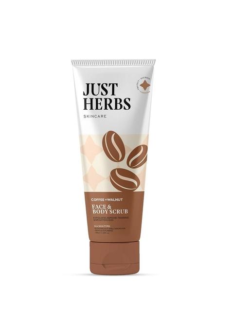 Just Herbs Coffee Body Scrub Walnut Exfoliating Detan Face & For Blackheads, Whiteheads, Removes Tanning Glowing Skin - Men Women 100 Ml