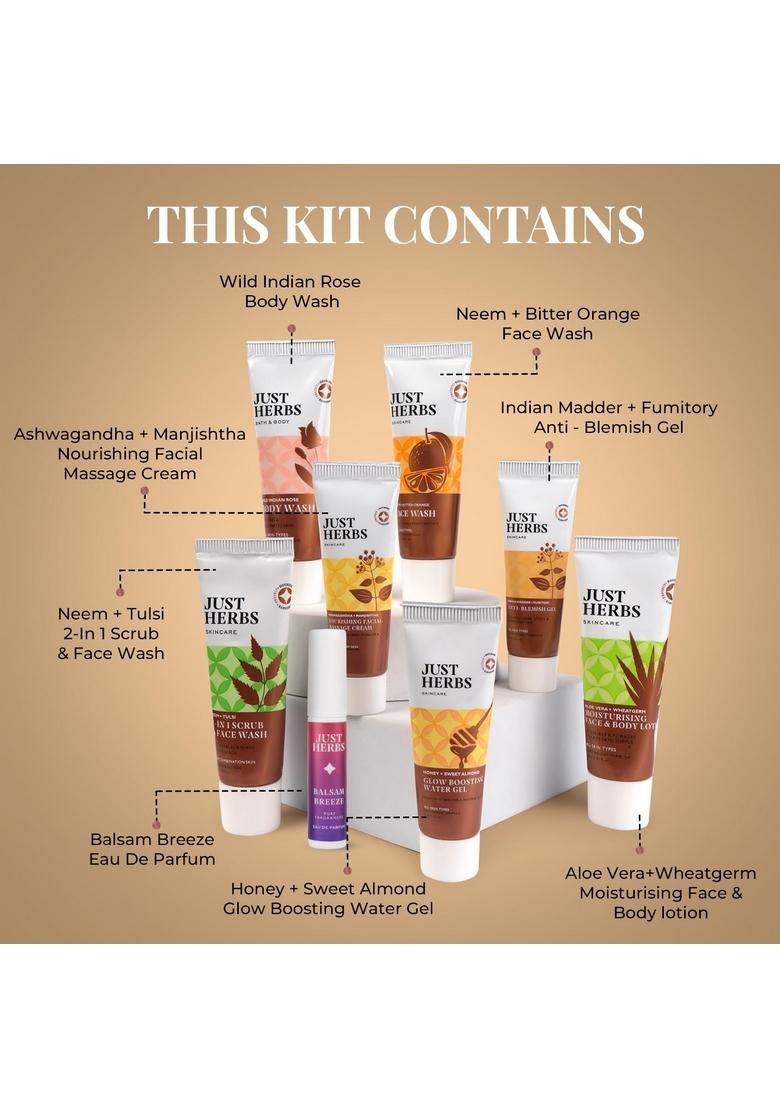 Just Herbs Self Care Face & Body Skincare Essentials Combo Pack With Facewash | Honey Gel Exfoliating Herbal Massage Cream Anti Blemish Rose Wash Lotion And Balsam Breeze Edp Perfect For Gifting Travel Kit Set Men