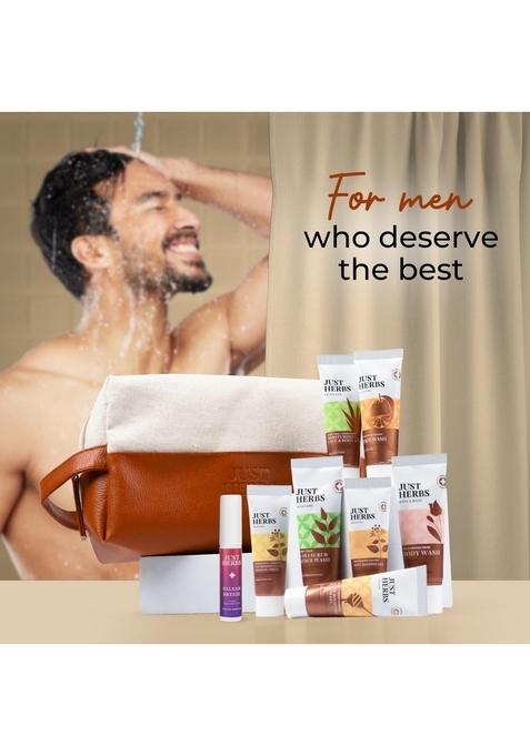 Just Herbs Self Care Face & Body Skincare Essentials Combo Pack With Facewash | Honey Gel Exfoliating Herbal Massage Cream Anti Blemish Rose Wash Lotion And Balsam Breeze Edp Perfect For Gifting Travel Kit Set Men