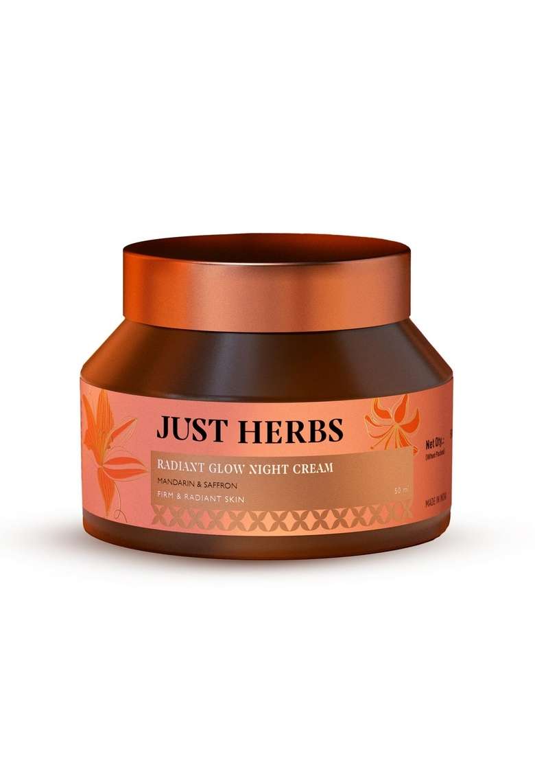 Just Herbs Radiant Glow Night Cream | For Firm & Skin 72H Moisture Lock Non-Sticky Moisturiser Saffron, Vitamin C, Niacinamide, Squalane Clinically Tested - 50Ml - Indya