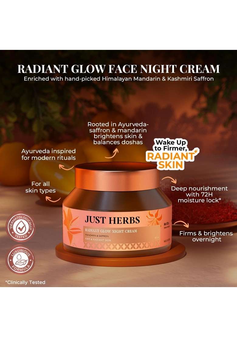 Just Herbs Radiant Glow Night Cream | For Firm & Skin 72H Moisture Lock Non-Sticky Moisturiser Saffron, Vitamin C, Niacinamide, Squalane Clinically Tested - 50Ml - Indya