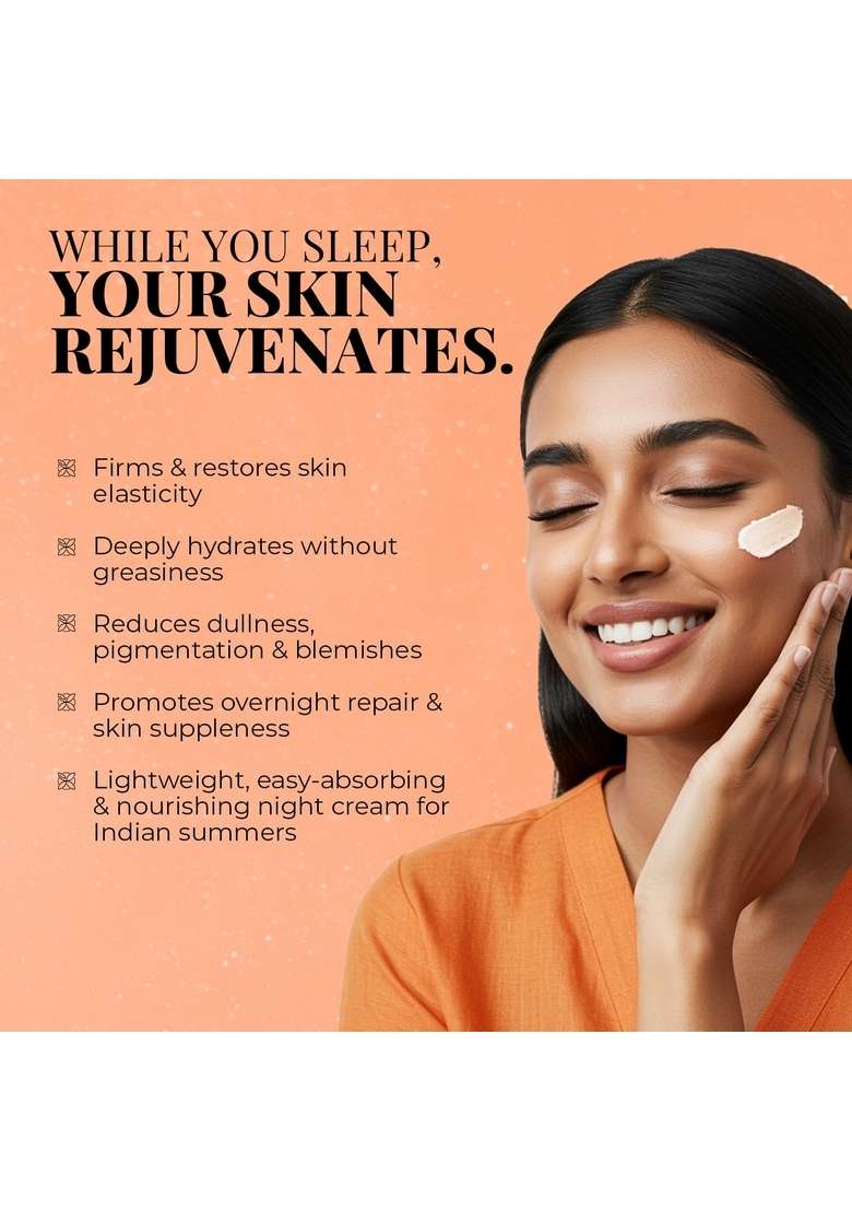 Just Herbs Radiant Glow Night Cream | For Firm & Skin 72H Moisture Lock Non-Sticky Moisturiser Saffron, Vitamin C, Niacinamide, Squalane Clinically Tested - 50Ml - Indya