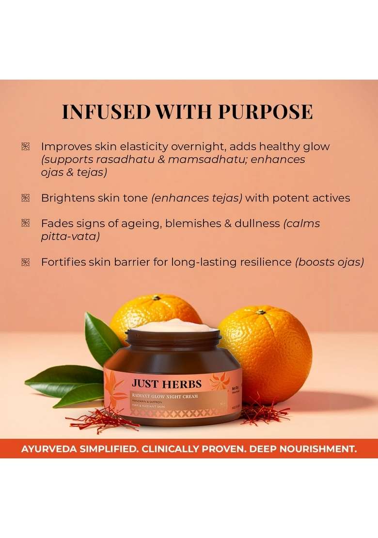 Just Herbs Radiant Glow Night Cream | For Firm & Skin 72H Moisture Lock Non-Sticky Moisturiser Saffron, Vitamin C, Niacinamide, Squalane Clinically Tested - 50Ml - Indya