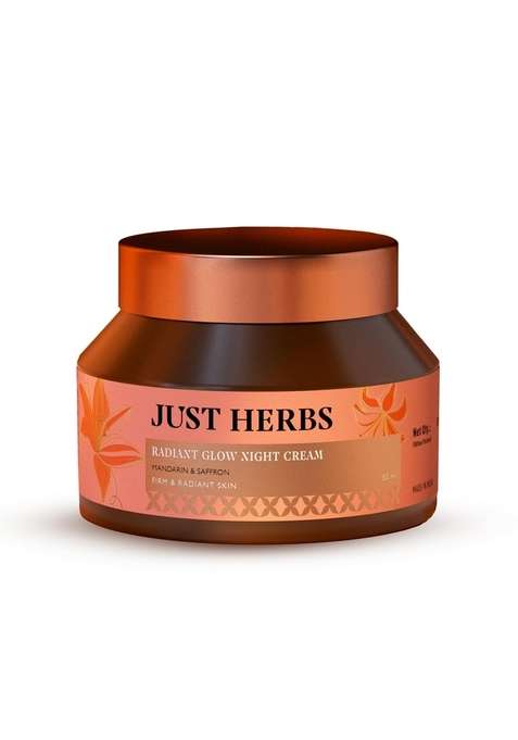 Just Herbs Radiant Glow Night Cream | For Firm & Skin 72H Moisture Lock Non-Sticky Moisturiser Saffron, Vitamin C, Niacinamide, Squalane Clinically Tested - 50Ml