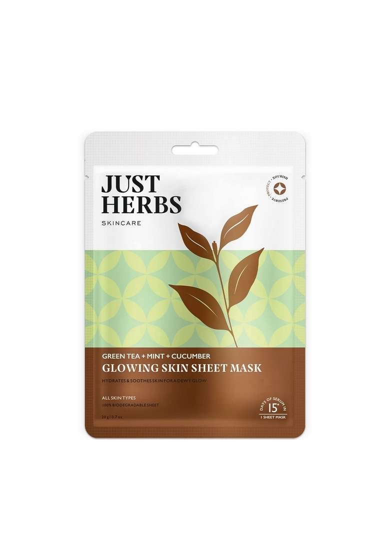 Just Herbs Sheet Mask Glowing Skin Serum Masks, 20G (Green Tea, Mint, Cucumber) - Indya