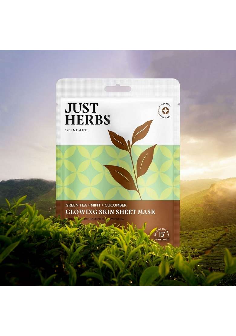 Just Herbs Sheet Mask Glowing Skin Serum Masks, 20G (Green Tea, Mint, Cucumber) - Indya