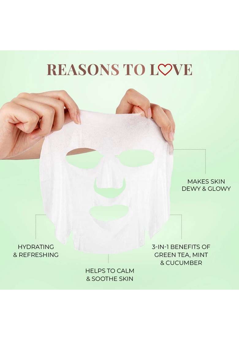 Just Herbs Sheet Mask Glowing Skin Serum Masks, 20G (Green Tea, Mint, Cucumber) - Indya