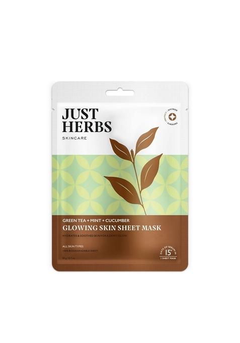 Just Herbs Sheet Mask Glowing Skin Serum Masks, 20G (Green Tea, Mint, Cucumber)