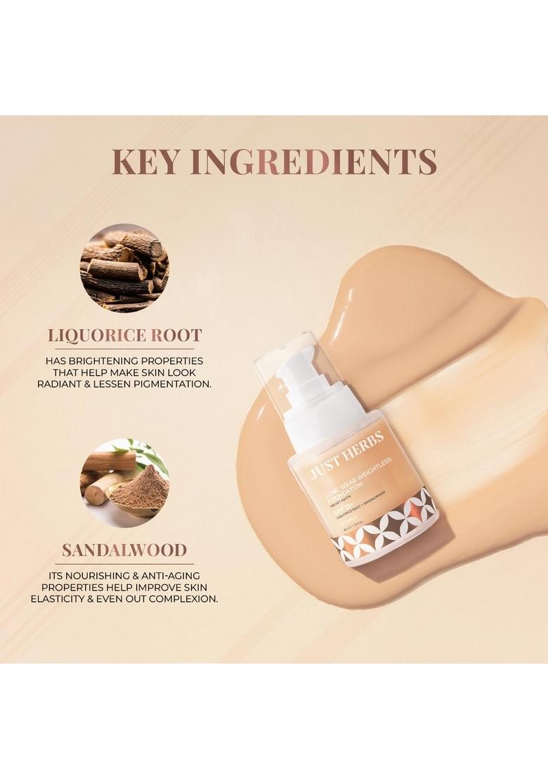 Just Herbs Medium To Full Coverage Liquorice Root And Sandalwood Longwear Weightless Foundation For Face Makeup 40 Ml