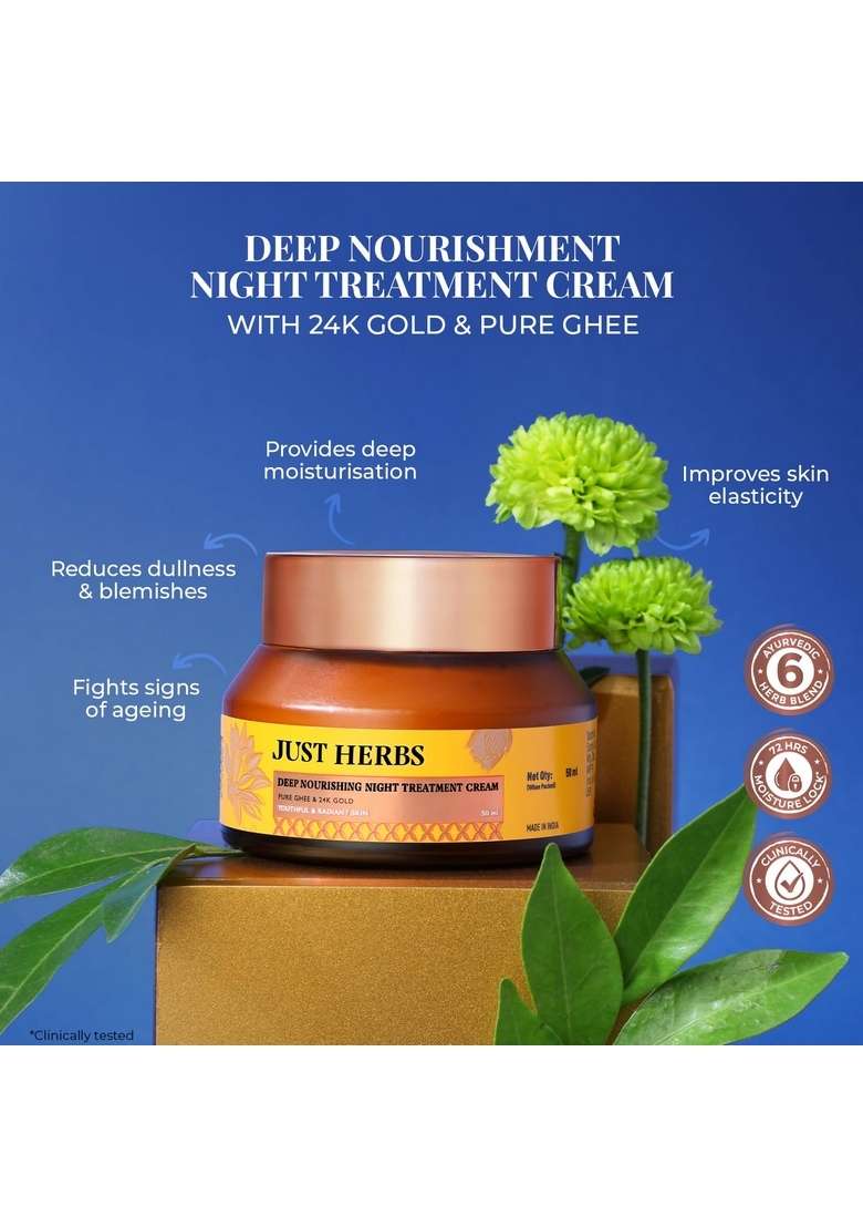 Just Herbs Deep Nourishing Night Treatment Cream | For Youthful & Radiant Skin Pure Ghee 24K Gold Bakuchiol Mulethi Moisturiser - 50 Ml - Indya