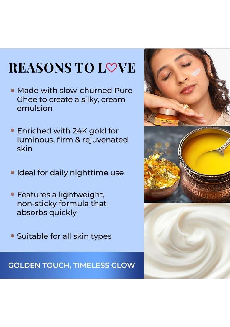 Just Herbs Deep Nourishing Night Treatment Cream | For Youthful & Radiant Skin Pure Ghee 24K Gold Bakuchiol Mulethi Moisturiser - 50 Ml - Indya