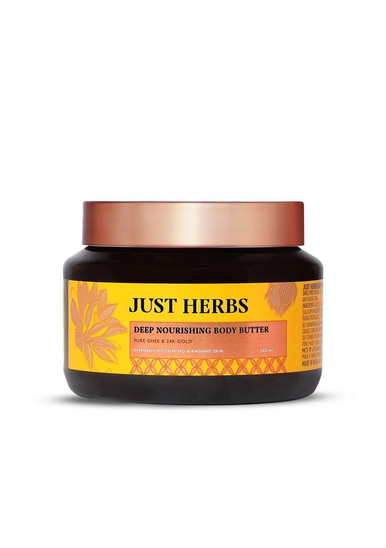Just Herbs 24K Gold With Pure Ghee Deep Nourish Body Butter Cream For Anti Ageing | Improve Skin Elasticity Reduce Dullness & Blemishes Non Sticky Instant Hydration All Types Moisturiser Men And Women 250Ml - Indya