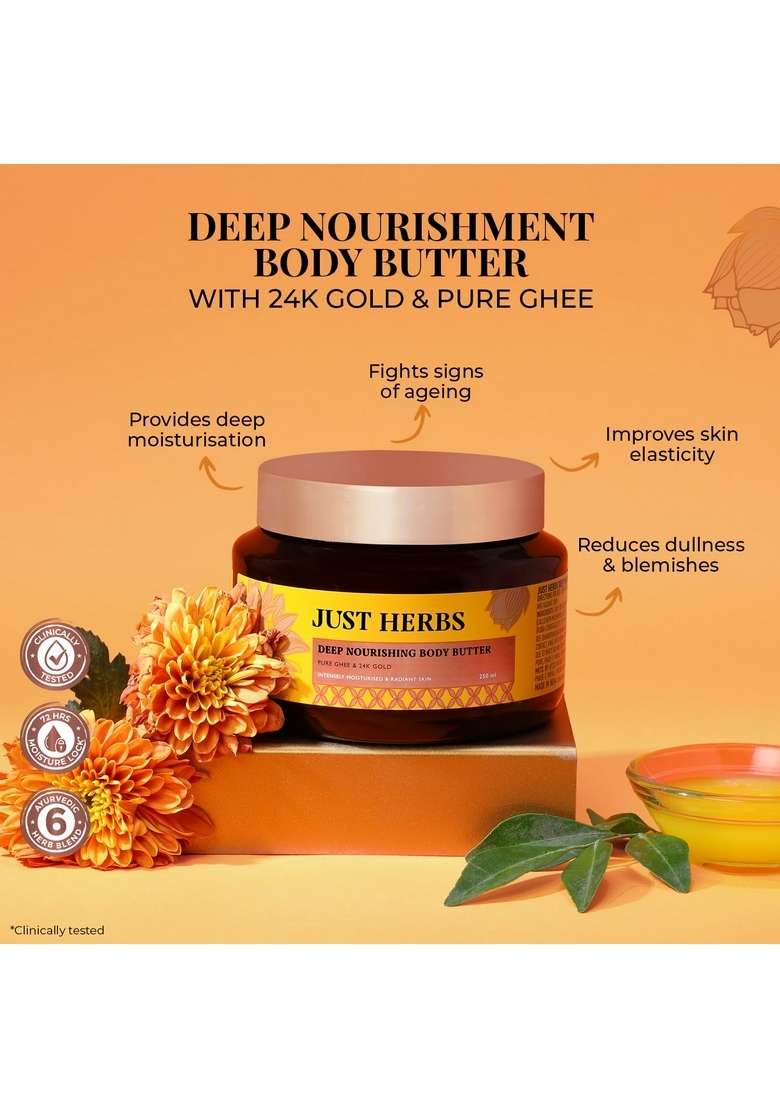Just Herbs 24K Gold With Pure Ghee Deep Nourish Body Butter Cream For Anti Ageing | Improve Skin Elasticity Reduce Dullness & Blemishes Non Sticky Instant Hydration All Types Moisturiser Men And Women 250Ml - Indya