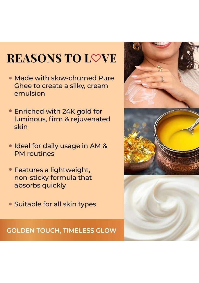 Just Herbs 24K Gold With Pure Ghee Deep Nourish Body Butter Cream For Anti Ageing | Improve Skin Elasticity Reduce Dullness & Blemishes Non Sticky Instant Hydration All Types Moisturiser Men And Women 250Ml - Indya