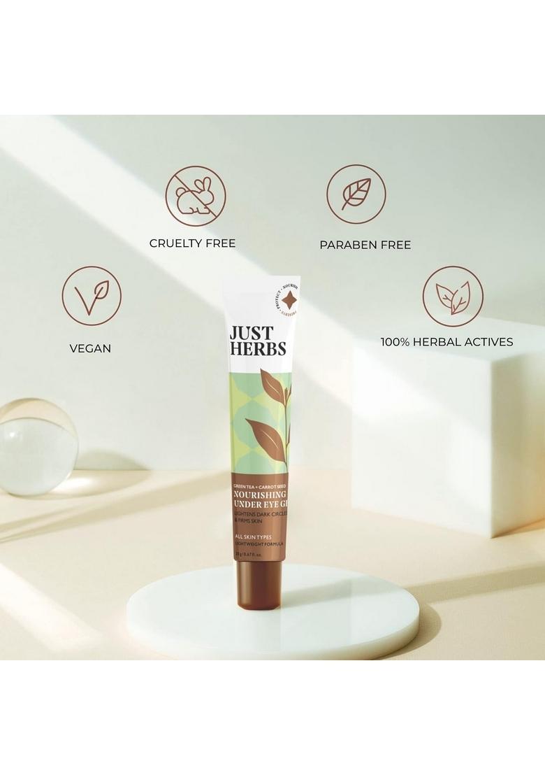 Just Herbs Nourishing Under Eye Gel Creme For Dark Circles, Puffiness, Fine Lines & Wrinkles With Green Tea Carrot Seed -For Men Women 20 Gm