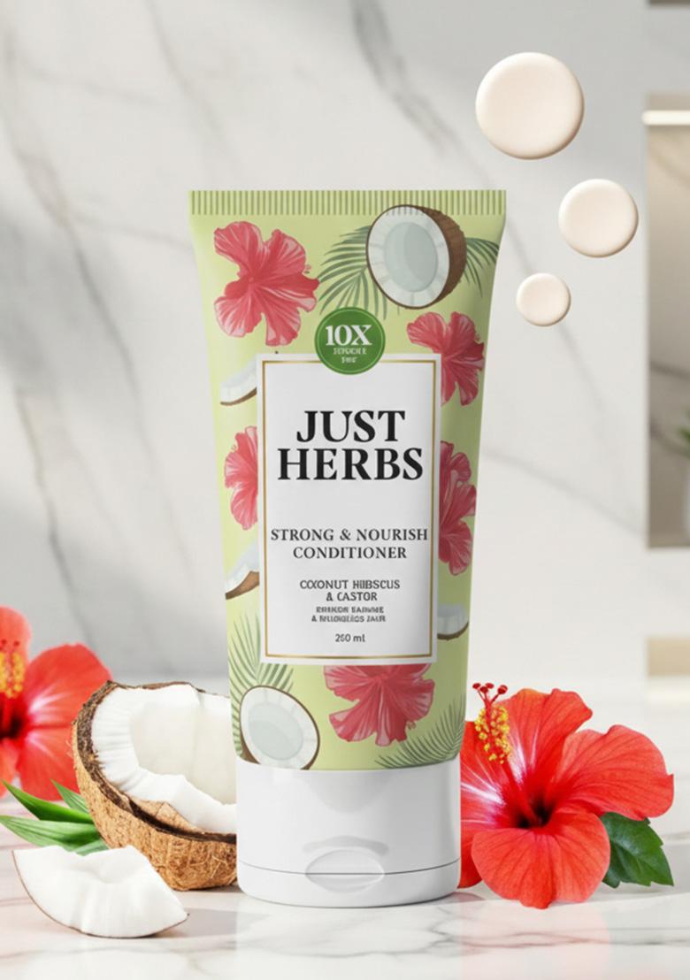 Just Herbs Strong & Nourish Conditioner | Coconut, Hibiscus, Castor 13 10X Stronger Hair Controls Frizz Ayurvedic For All Types