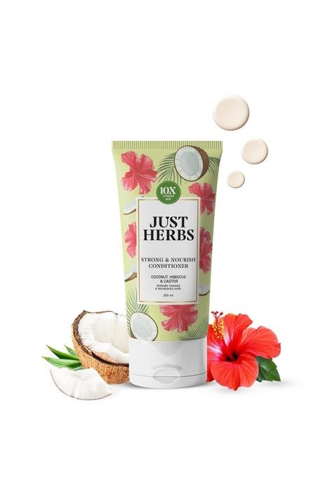 Just Herbs Strong & Nourish Conditioner | Coconut, Hibiscus, Castor 13 10X Stronger Hair Controls Frizz Ayurvedic For All Types - 200Ml