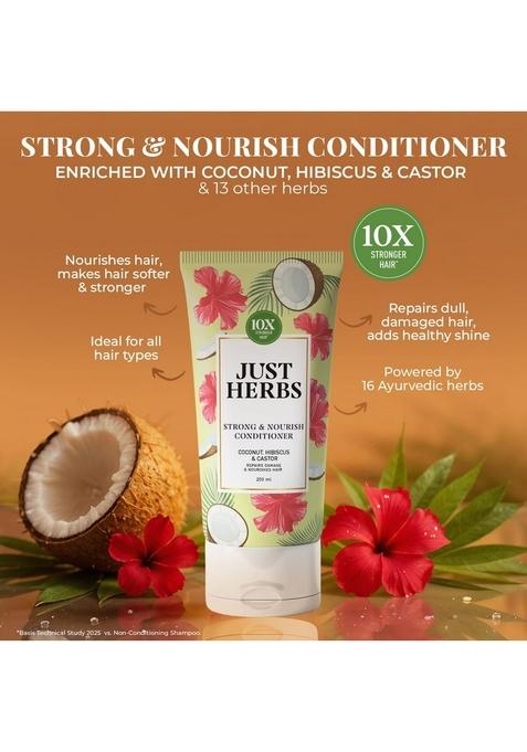 Just Herbs Strong & Nourish Conditioner | Coconut, Hibiscus, Castor 13 10X Stronger Hair Controls Frizz Ayurvedic For All Types