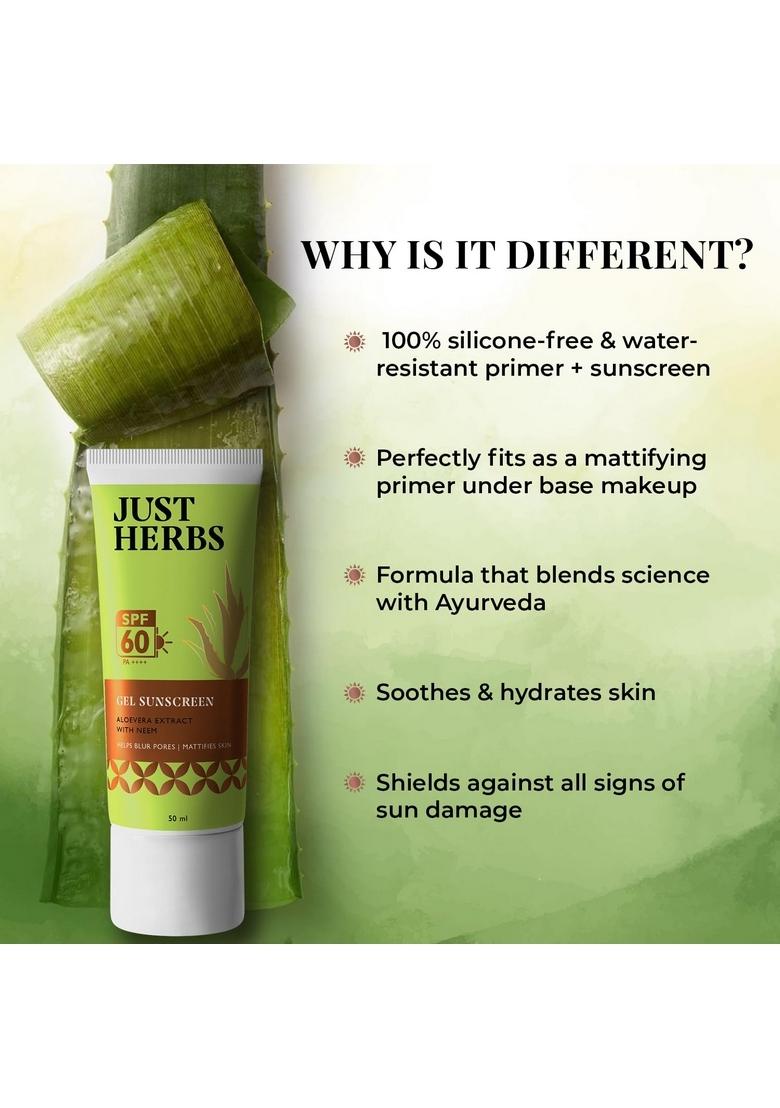 Just Herbs Gel Sunscreen | Spf 60 Pa++++ Broad Spectrum Uva/B & Blue Light Protection No White Cast Blurs Pores Mattifies Skin Neem Aloe Vera Matte Finish