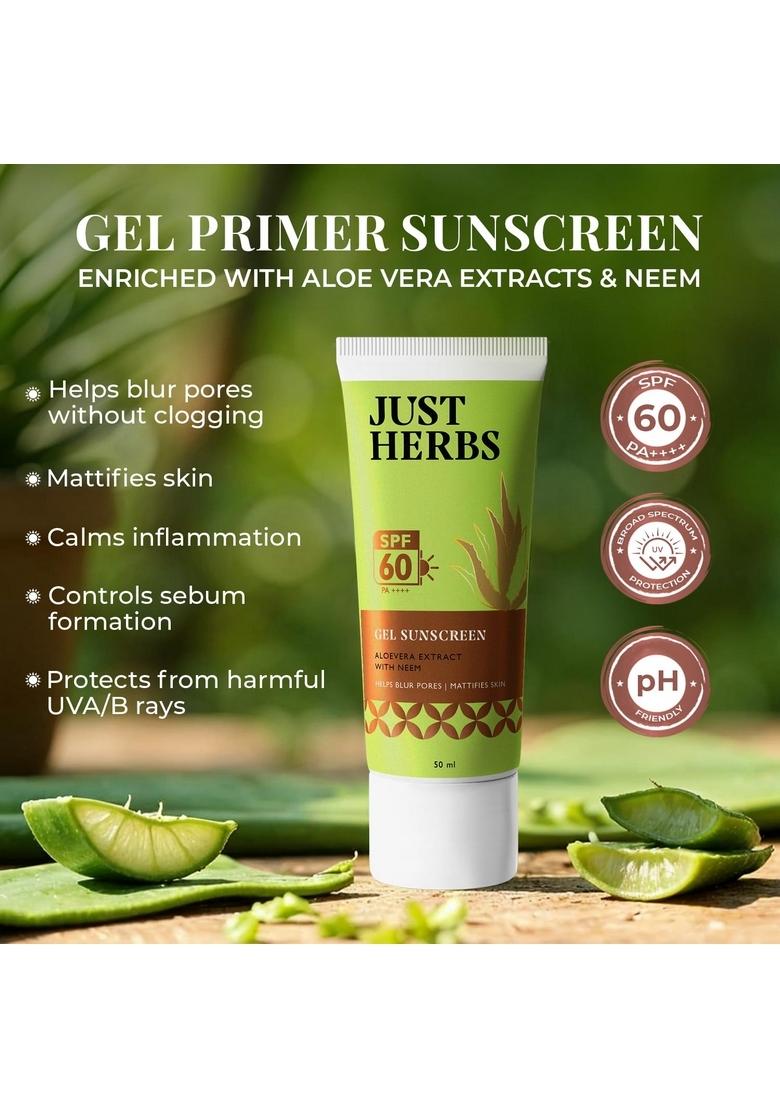 Just Herbs Gel Sunscreen | Spf 60 Pa++++ Broad Spectrum Uva/B & Blue Light Protection No White Cast Blurs Pores Mattifies Skin Neem Aloe Vera Matte Finish