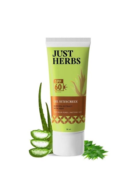 Just Herbs Gel Sunscreen | Spf 60 Pa++++ Broad Spectrum Uva/B & Blue Light Protection No White Cast Blurs Pores Mattifies Skin Neem Aloe Vera Matte Finish