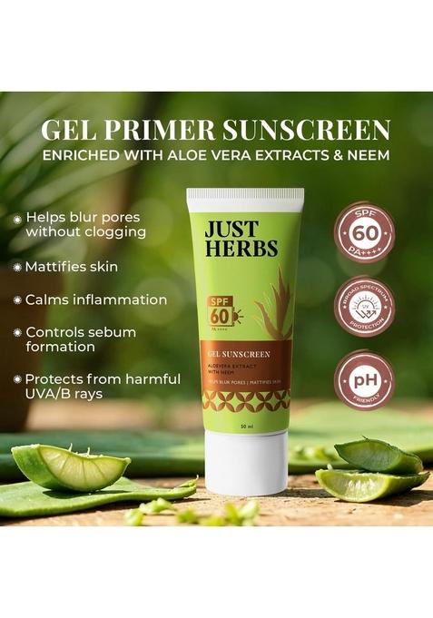 Just Herbs Gel Sunscreen | Spf 60 Pa++++ Broad Spectrum Uva/B & Blue Light Protection No White Cast Blurs Pores Mattifies Skin Neem Aloe Vera Matte Finish