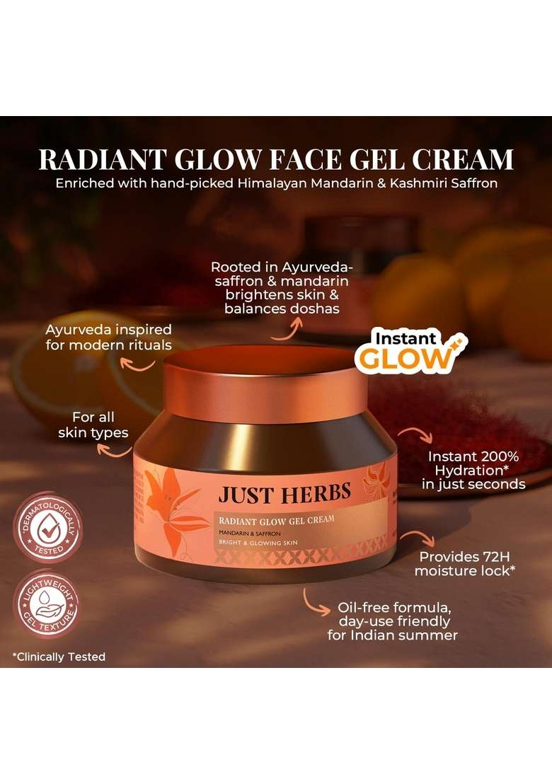 Just Herbs Radiant Glow Gel Cream | For Bright & Glowing Skin 72H Moisture Lock, Instant 200% Hydration Revives Dull Clinically Tested - 50Ml - Indya
