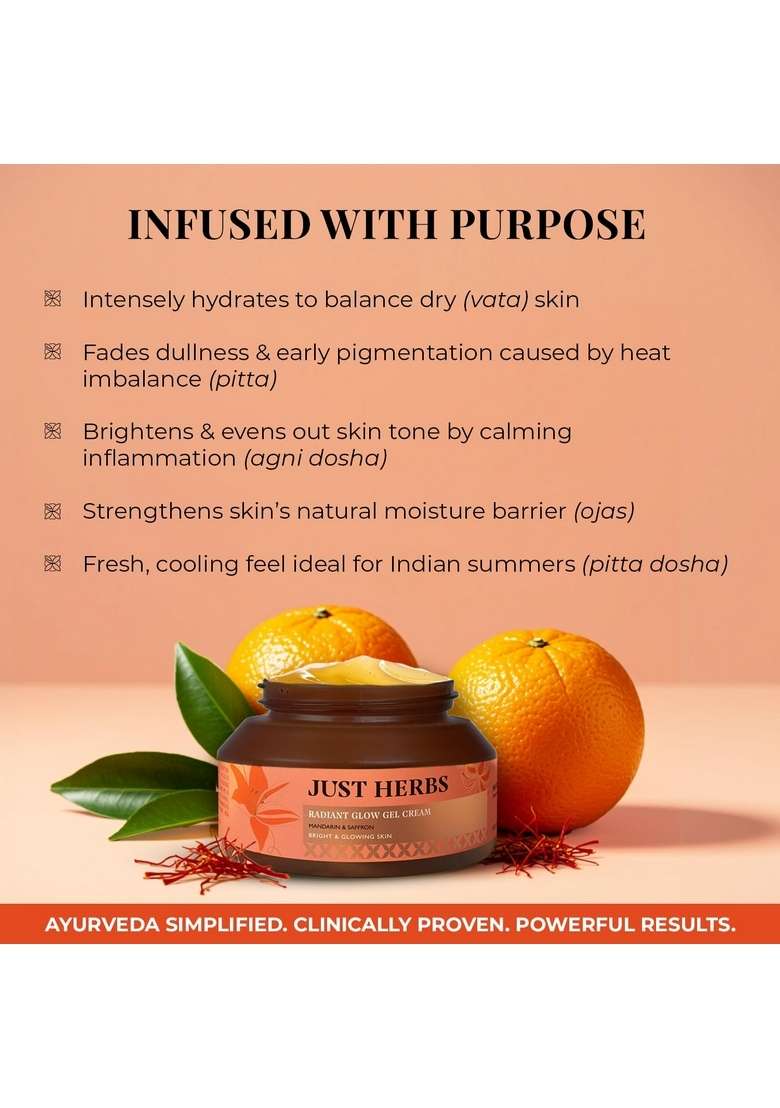 Just Herbs Radiant Glow Gel Cream | For Bright & Glowing Skin 72H Moisture Lock, Instant 200% Hydration Revives Dull Clinically Tested - 50Ml - Indya