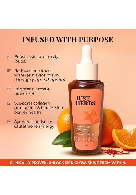 Just Herbs Radiant Glow Face Serum | Vitamin C For Women 15% C, Niacinamide & Glutathione Complex Skin In 28 Days Fights Signs Of Ageing Clinically Proven