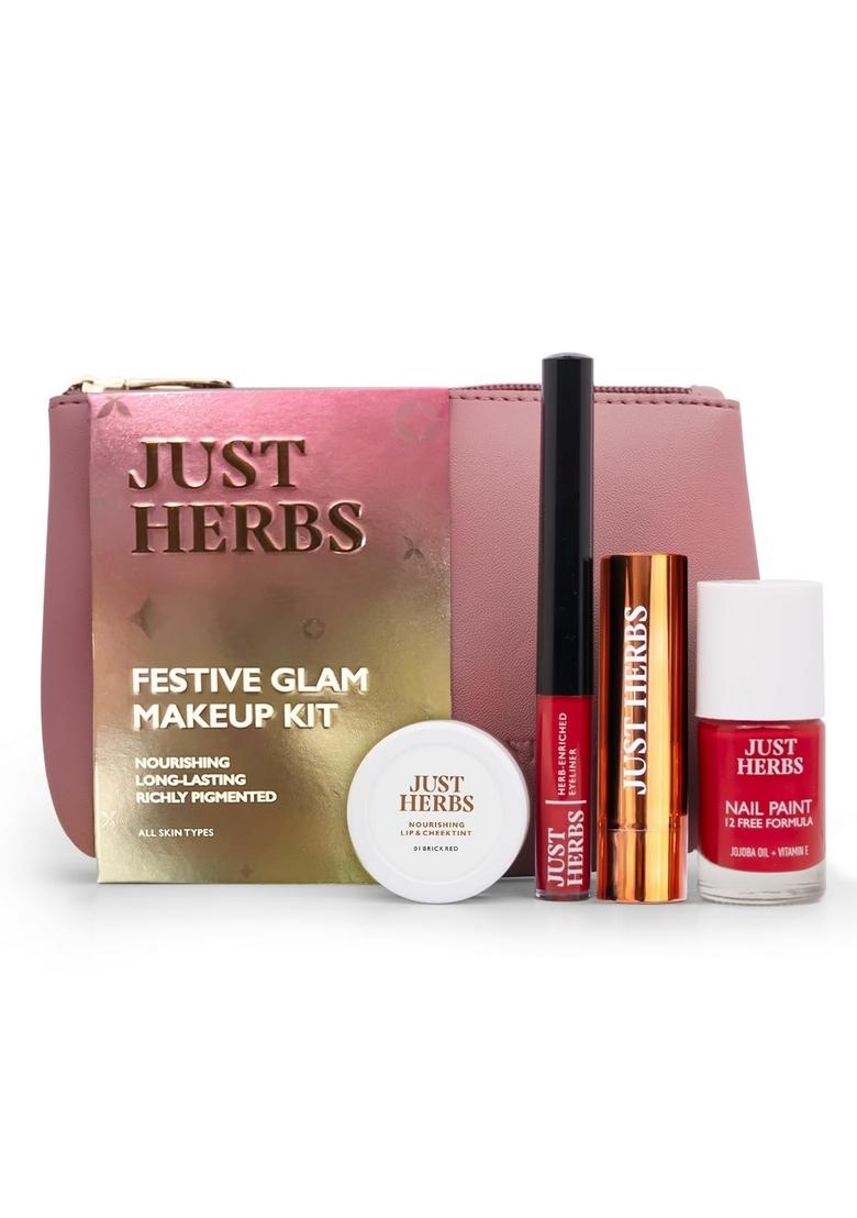 Just Herbs Festive Glam Makeup Essential Pouch For Women (Lip & Cheek Tint, Ultra Matte Lipstick, Nail Paint, Eyeliner)