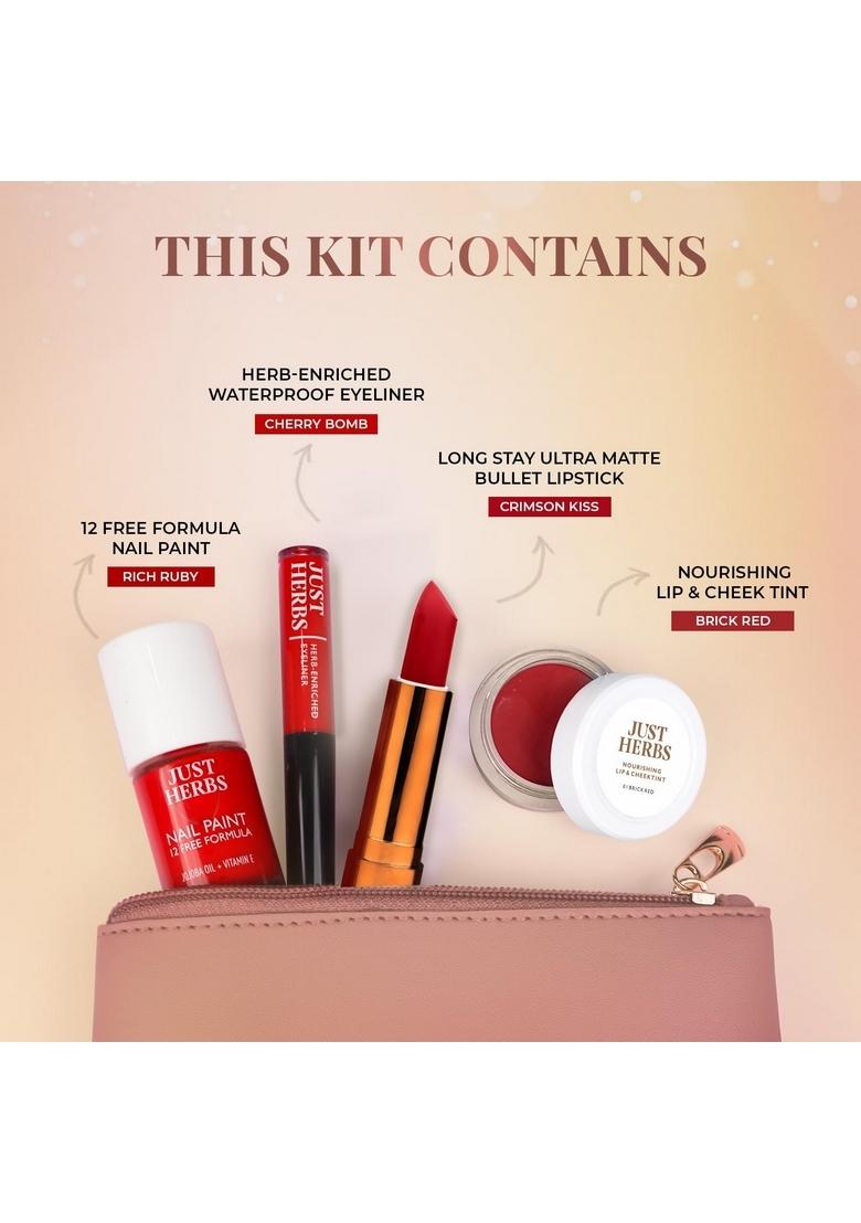 Just Herbs Festive Glam Makeup Essential Pouch For Women (Lip & Cheek Tint, Ultra Matte Lipstick, Nail Paint, Eyeliner)