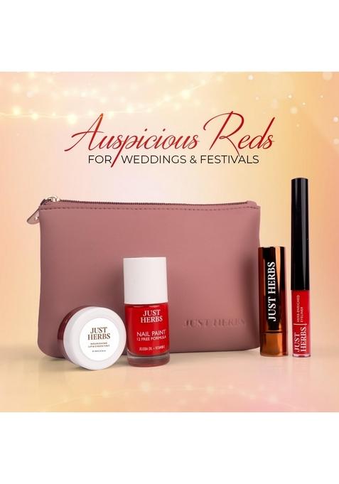 Just Herbs Festive Glam Makeup Essential Pouch For Women (Lip & Cheek Tint, Ultra Matte Lipstick, Nail Paint, Eyeliner)