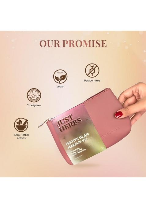 Just Herbs Festive Glam Makeup Essential Pouch For Women (Lip & Cheek Tint, Ultra Matte Lipstick, Nail Paint, Eyeliner)