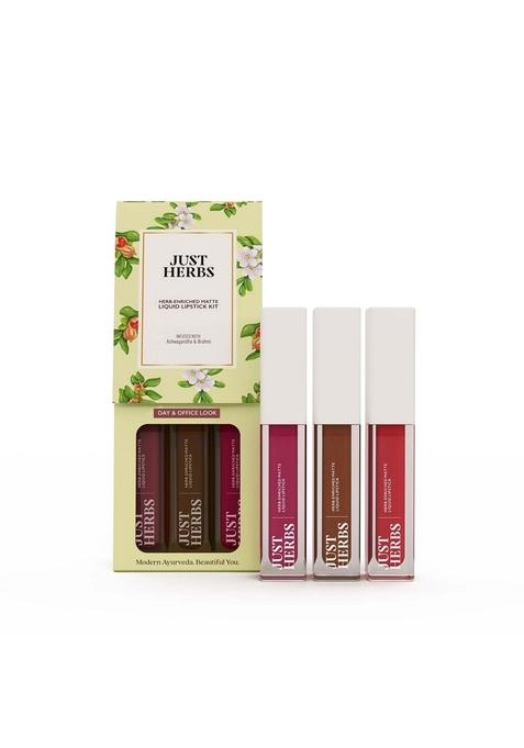 Just Herbs Ayurvedic Liquid Lipstick Kit Set Of 3 With Long Lasting, Hydrating & Lightweight Lip Colour, Full Size - Paraben Silicon Free 6 Ml (Day+ Office Look)