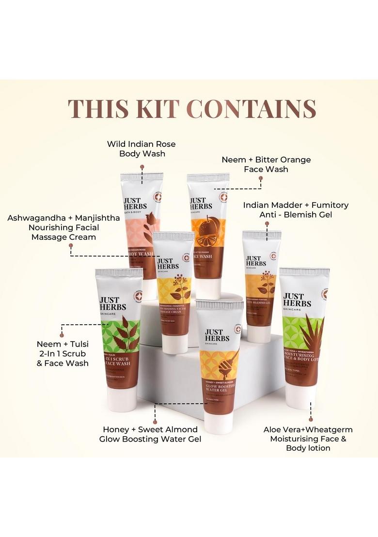Just Herbs 7 Days Face & Body Care Pack Skincare Essentials Combo With Facewash | Honey Gel Herbal Massage Cream Anti Blemish Wash And Lotion Perfect For Gifting Travel Kit Set Men
