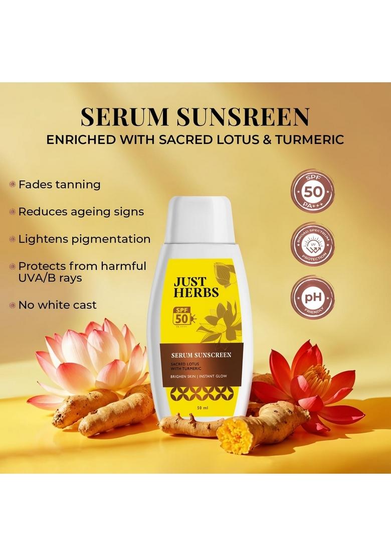 Just Herbs 2-In-1 Serum Sunscreen | Spf 50 Pa++++ Broad Spectrum Uva/B & Blue Light Protection No White Cast Brightens Protects Turmeric Sacred Lotus Dewy Finish