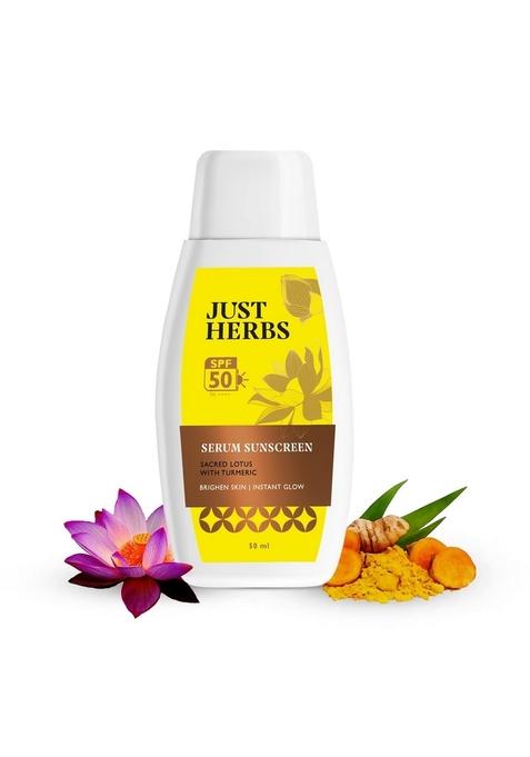 Just Herbs 2-In-1 Serum Sunscreen | Spf 50 Pa++++ Broad Spectrum Uva/B & Blue Light Protection No White Cast Brightens Protects Turmeric Sacred Lotus Dewy Finish