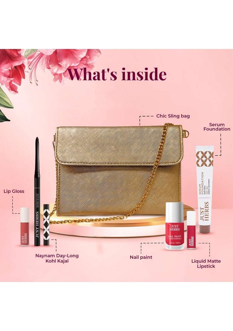 Just Herbs Naturally Chic Makeup Hamper | For Her Gift Kit Rakhi - Of 5 + Sling Bag - Indya