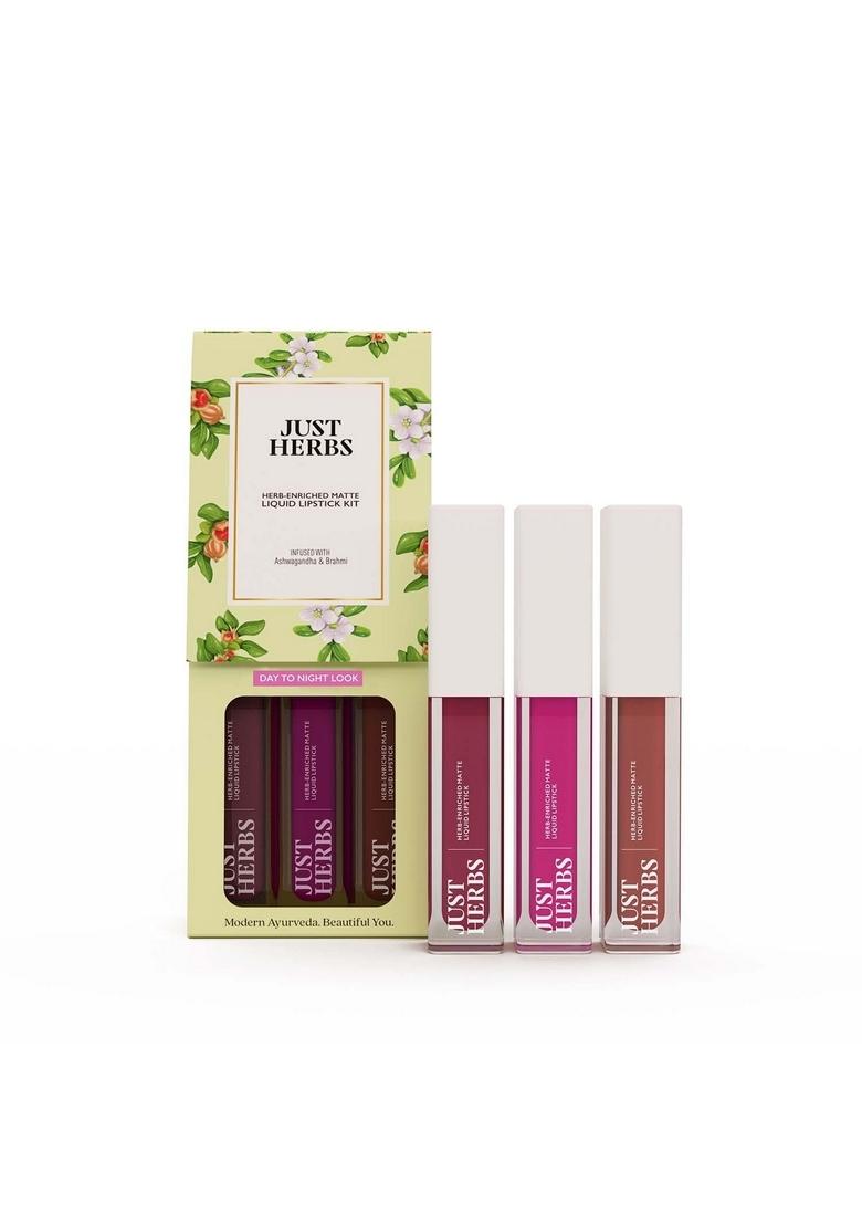 Just Herbs Herb Enriched Matte Liquid Lipstick | Set Of 3 For Women Day To Night Hydrating & Lightweight Ashwagandha Brahmi