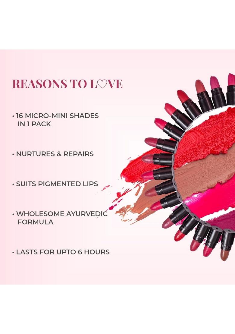 Just Herbs Ayurvedic Creamy Matte Lipstick Set For Lip Hydrating & Moisturizing, Suitable All Indian Tones 38Gm (Pack Of 16)