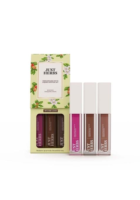 Just Herbs Herb Enriched Matte Liquid Lipstick | Set Of 3 For Women 90'S Vibe Hydrating & Lightweight Ashwagandha Brahmi