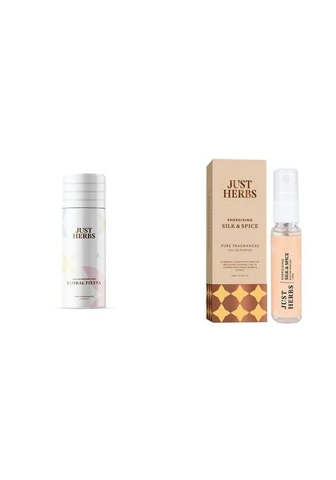 Just Herbs Unisex Long Lasting- Amber Phthalate-Free Formula,150 Ml (Floral Fiesta) & Luxury Scent Lasting Silk Spice Travel Friendly Perfume Spray 10Ml Combo, 2 Count