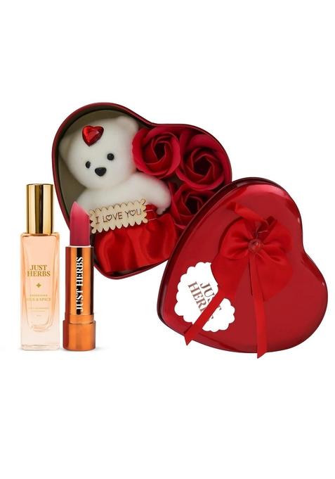 Just Herbs Heart Shaped Gift Box Set With White Teddy | Matte Finish Lipstick Refreshing Edp Combo Kit For Girlfriend, Wife