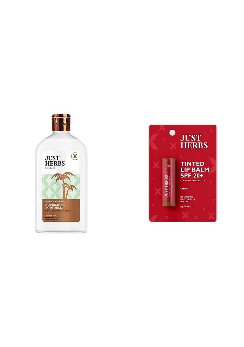 Just Herbs Body Lotion For Dry Normal & Combination Skin Nourishing Milk With Coconut + Almond - 300Ml Tinted Lip Balm 4 G (Cherry) Combo - Indya