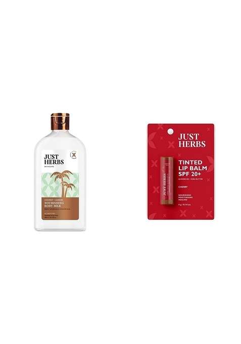 Just Herbs Body Lotion For Dry Normal & Combination Skin Nourishing Milk With Coconut + Almond - 300Ml Tinted Lip Balm 4 G (Cherry) Combo