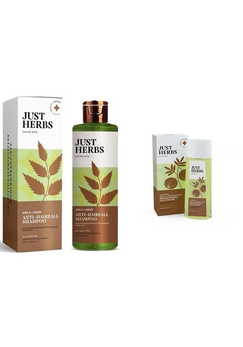 Just Herbs 8 In 1 Root Nourishing Amla Neem Hair Fall Control Shampoo 200 Ml & Skin-Rejuvenating Ayurvedic Face Wash Cleanser- 100